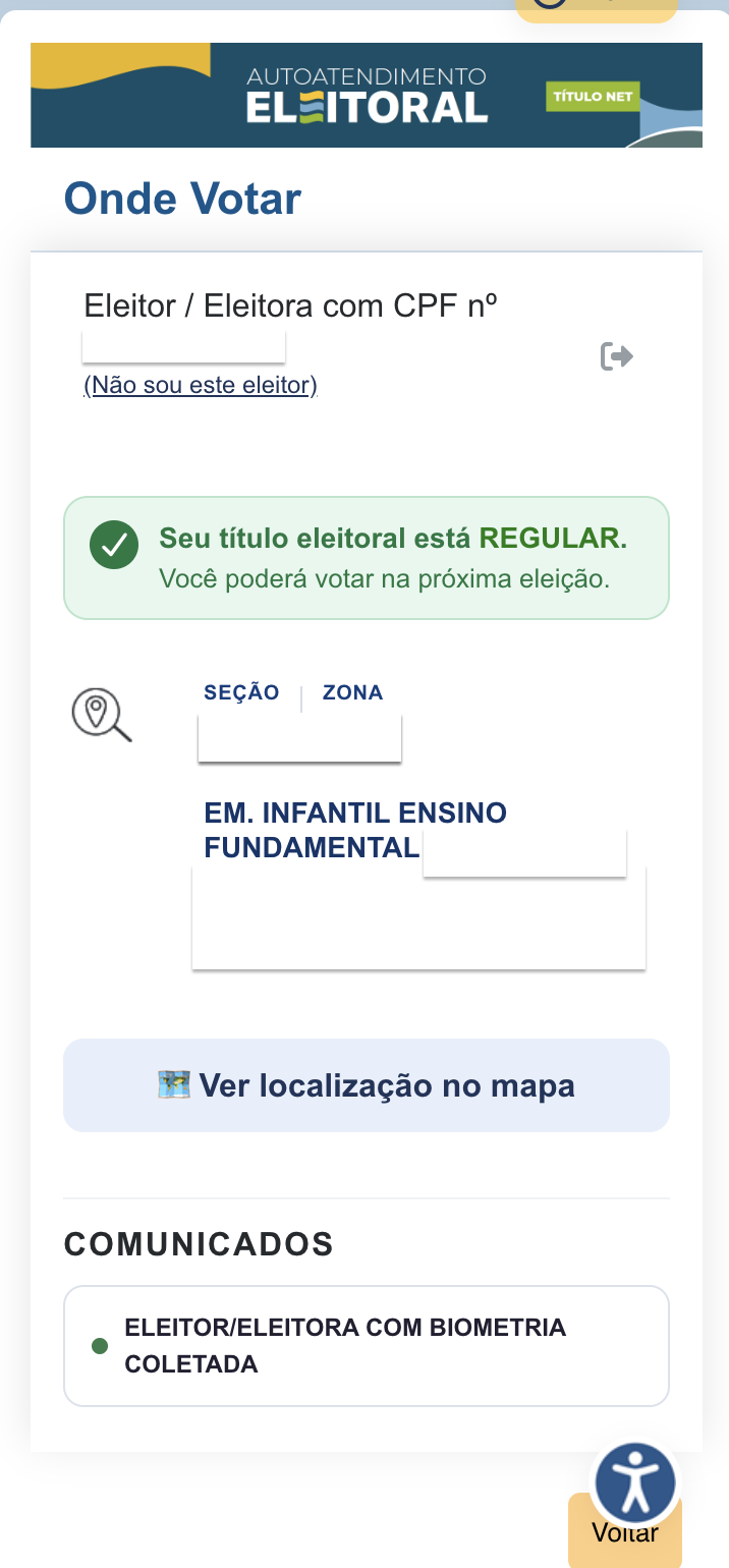 Resultado da consulta com zona eleitoral, seção e endereço do local de votação