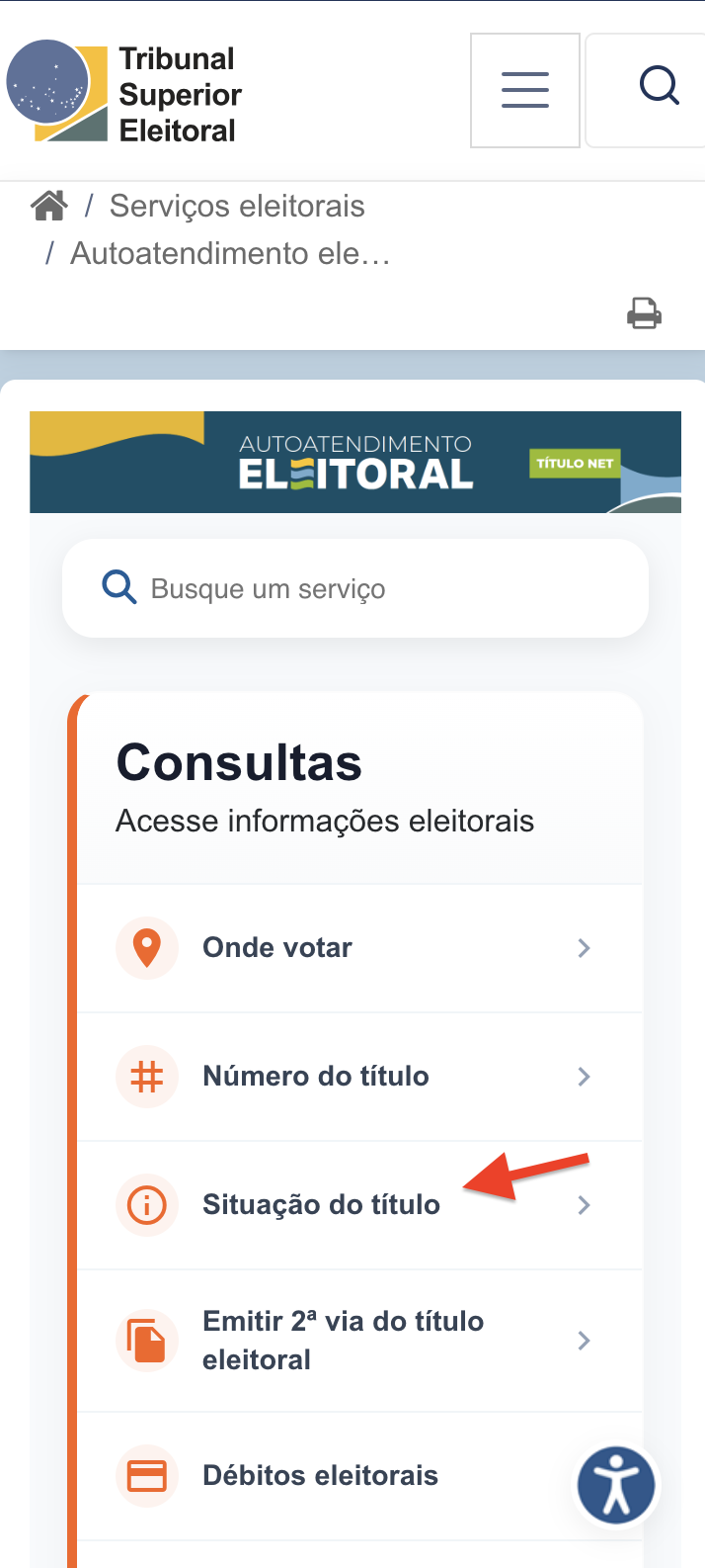Tela do Autoatendimento Eleitoral do TSE com os serviços disponíveis